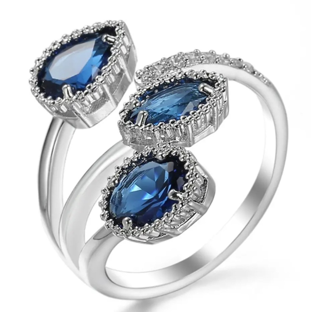 Pear Cut Navy Blue Cubic Zirconia, Sterling Silver Plated Luxury Fashion Ring